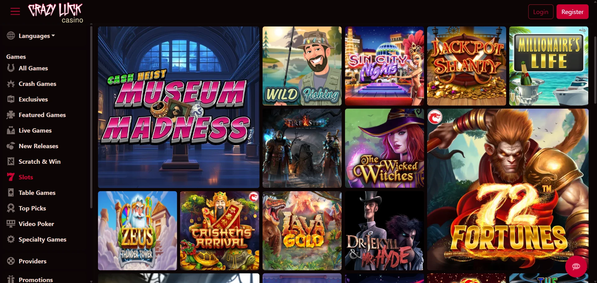 Crazy Luck games lobby with game icons