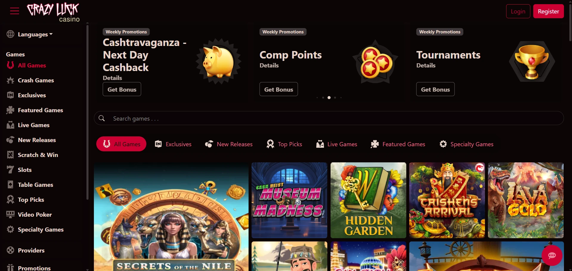 Logged-out view of the Crazy Luck front page on a first visit