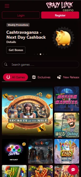 Crazy Luck mobile site open in a phone browser