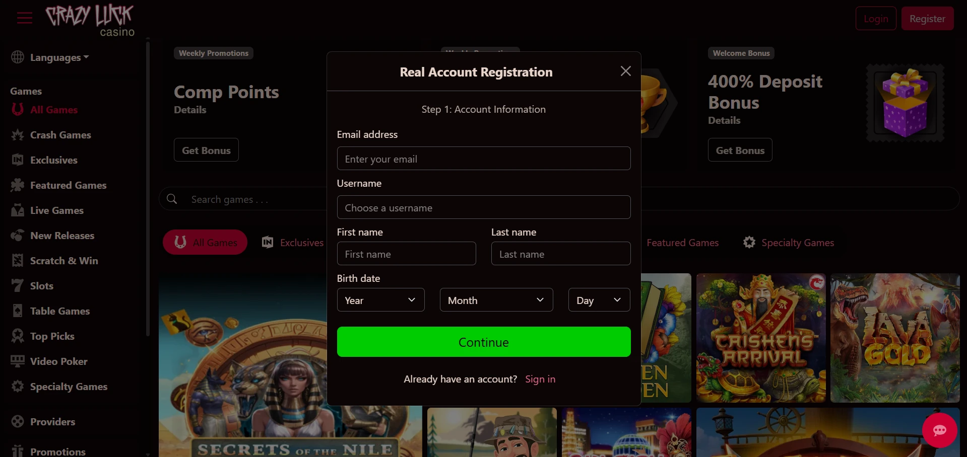 Crazy Luck registration form